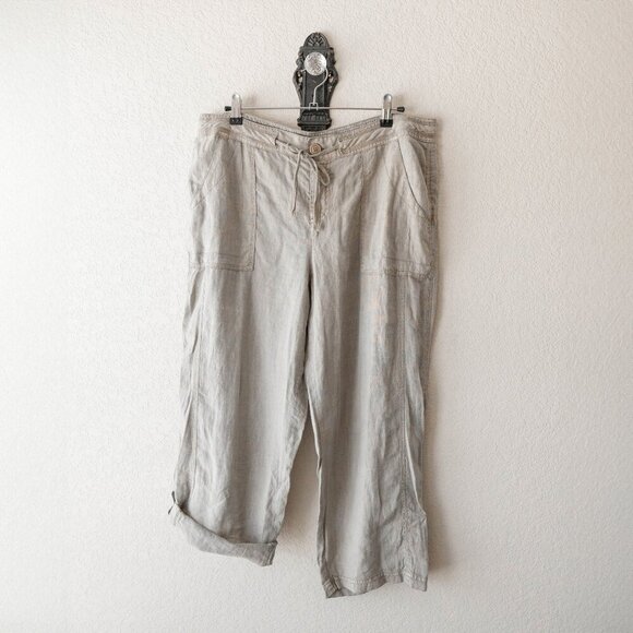 Blue Earth Pants Sz 12 Tan 100% Linen Cargo Utility Roll Tab Cropped Beachcomber - Picture 1 of 8